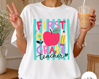 Camiseta para maestra de primer grado, Comfort Color® Camiseta de regreso a clases, diseño floral de Apple Pencil, regalo para maestra