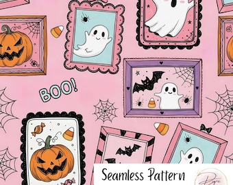 Patrón sin costuras de Halloween en tonos pastel / Fantasmas y calabazas kawaii (descarga digital)