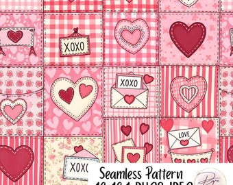 Patrón sin costuras de San Valentín, papel digital de patchwork, fondo festivo de corazones rosas de San Valentín