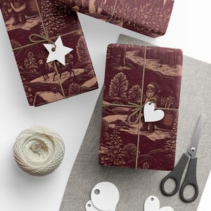 Papel de regalo navideño vintage de Toile de Papá Noel, papel de regalo de Toile rojo imagen 3