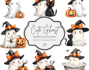 Ghost Watercolor Clipart, Halloween Ghost PNG, Witch, Pumpkin, Commercial Use