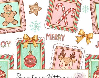 Patrón navideño sin costuras: Lindos marcos con galletas de jengibre, renos y bastones de caramelo (descarga digital)