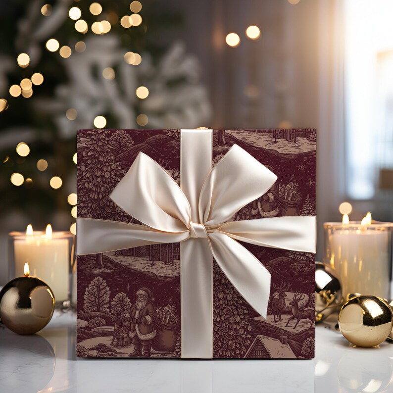 Vinetage Toile Santa Christmas Wrapping Paper, Red Toile Gift Wrap