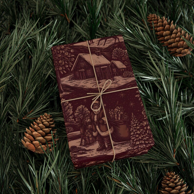 Papel de regalo navideño vintage de Toile de Papá Noel, papel de regalo de Toile rojo imagen 5