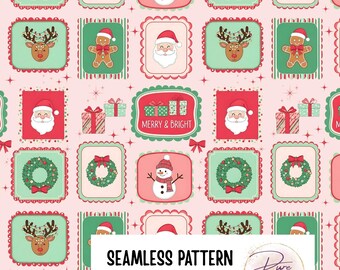 Pink Christmas Seamless Pattern: Santa, Gingerbread Man (Digital Paper)