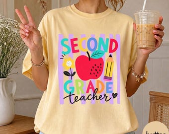 Camiseta para maestra de segundo grado, Camiseta Comfort Colors® para la vuelta al cole, Camiseta por nivel de grado, Apple Pencil para el personal escolar
