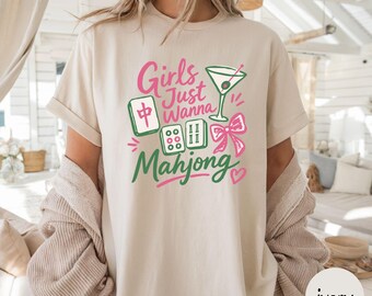 Camiseta Comfort Colors® para niñas "Just Wanna Mahjong", camiseta divertida de Mahjong, camiseta de Mahjong para mujer, camiseta para noche de juegos de Mahjong, regalo para amantes del Mahjong.