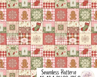 Patrón de patchwork navideño sin costuras, patrón repetitivo de colcha vintage, papel digital festivo, fondo de pan de jengibre