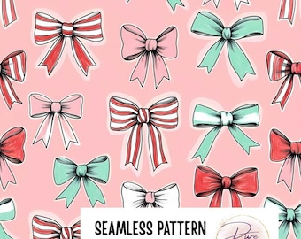 Patrón sin costuras de lazos navideños: Papel digital rosa estilo preppy (descarga JPEG)