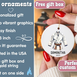 May include: A white ceramic ornament featuring a watercolor illustration of a karate uniform with a brown belt. The ornament is 3 x 3 inches and includes the name "SAMANTHA" and the year "2025". It has a gold string for hanging.