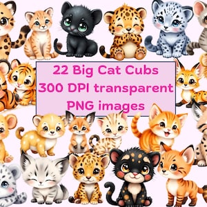 Pacchetto di clipart di cuccioli di grandi felini, gattini carini in formato PNG, grafica di gatti dei cartoni animati, arte di gatti kawaii, download digitale per lavoretti fai da te, adesivi, biglietti