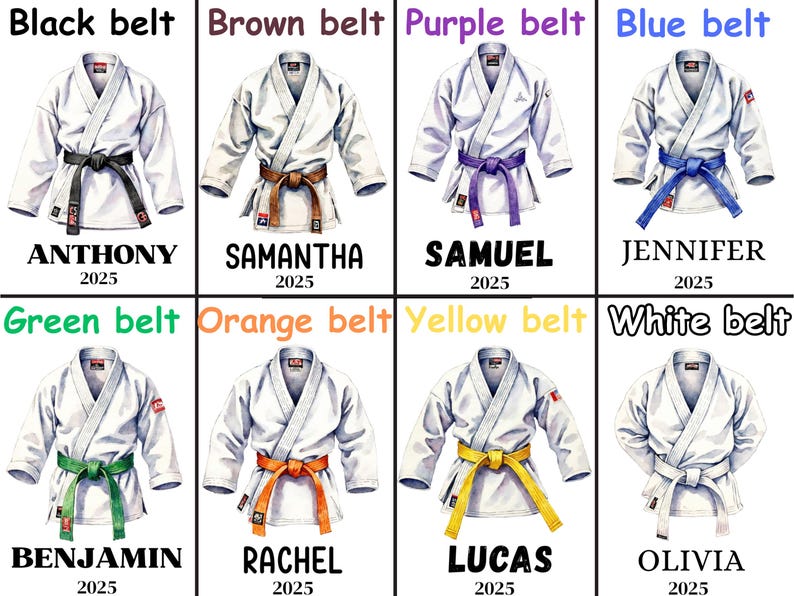 May include: Watercolor illustrations of martial arts uniforms with belts of various colors: black, brown, purple, blue, green, orange, yellow, and white. Each uniform has a name and the year 2025 printed below.