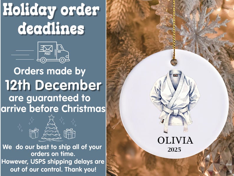 May include: White ceramic Christmas ornament featuring a watercolor illustration of a karate gi. The ornament includes the name "OLIVIA" and the year "2025". The ornament hangs from a gold string.