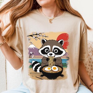 Racoon Lovers' Ramen Noodle T-Shirt,  Anime Style Shirt, Cute Foodie Gift, Vintage Japanese Style Shirt, Unisex Tee, Brushstroke Frame Top