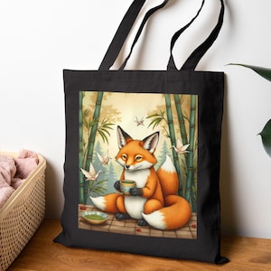 Retro Japanese Kitsune Fox Tea Party Tote Bags, Cute Animal Art Bags, Aesthetic Bags, Fox Lover Gift Bags, Retro Japanese Style Tote Bags