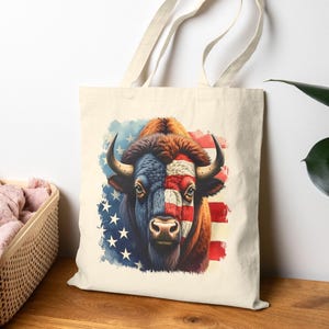 Patriotic Bison Tote Bag, American Flag Art, 4th of July Gift, Buffalo USA Pride, Novelty Animal Tote, Unique Design, Trendy Eco Tote Bag