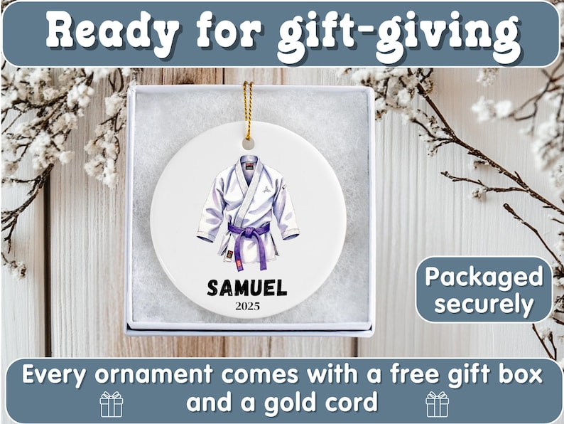 May include: White ceramic ornament featuring a detailed illustration of a karate uniform with a purple belt. The ornament is personalized with the name "SAMUEL" and the year "2025". The text "Ready for gift-giving" is at the top.