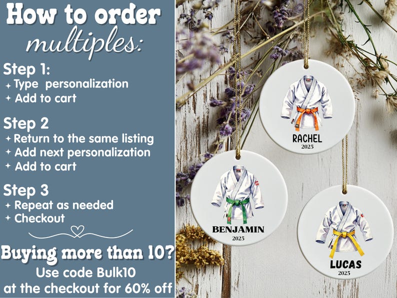 May include: White ceramic ornaments with watercolor illustrations of karate uniforms with orange, green, and yellow belts. Each ornament is personalized with a name and the year 2025. The ornaments hang from gold cords.