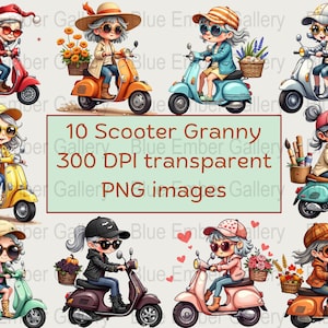 Mignon scooter grand-mère Clipart, 300 DPI PNG, illustration drôle de grand-mère, art scooter, clipart été, clipart panier de fleurs, téléchargement numérique