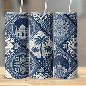 Indigo Palace Tumbler Wrap, Seamless Skinny Sublimation PNG, India Temple Palm Tree Designs, Oriental Tile Tumbler Wrap, Digital Download
