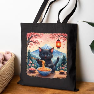 Retro Black Cat Tote Bag, Japanese Ramen Design Tote, Trendy Cute Kitten with Chopsticks, Mount Fuji Cherry Blossoms, Unique Art Totes Gift