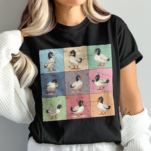 Camisetas de ganso gracioso, camiseta de ganso de dibujos animados, camiseta de pato lindo, camiseta de animal divertido, regalo para amantes de las aves, diseño retro colorido, gráfico novedoso de cuadrícula