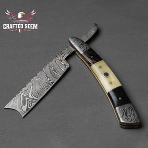 Handmade Damascus Steel Straight Razor: Bone & Horn Handle, Barber Shaving Gift