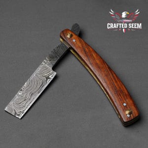 Handmade Damascus Steel Folding Razor Knife - Rosewood Handle