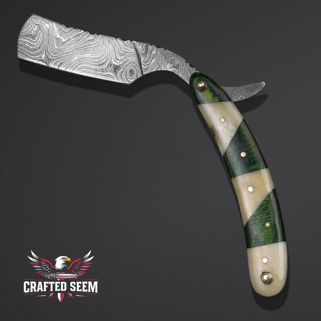 Damascus Steel Straight Razor With Green Camel Bone Handle ...