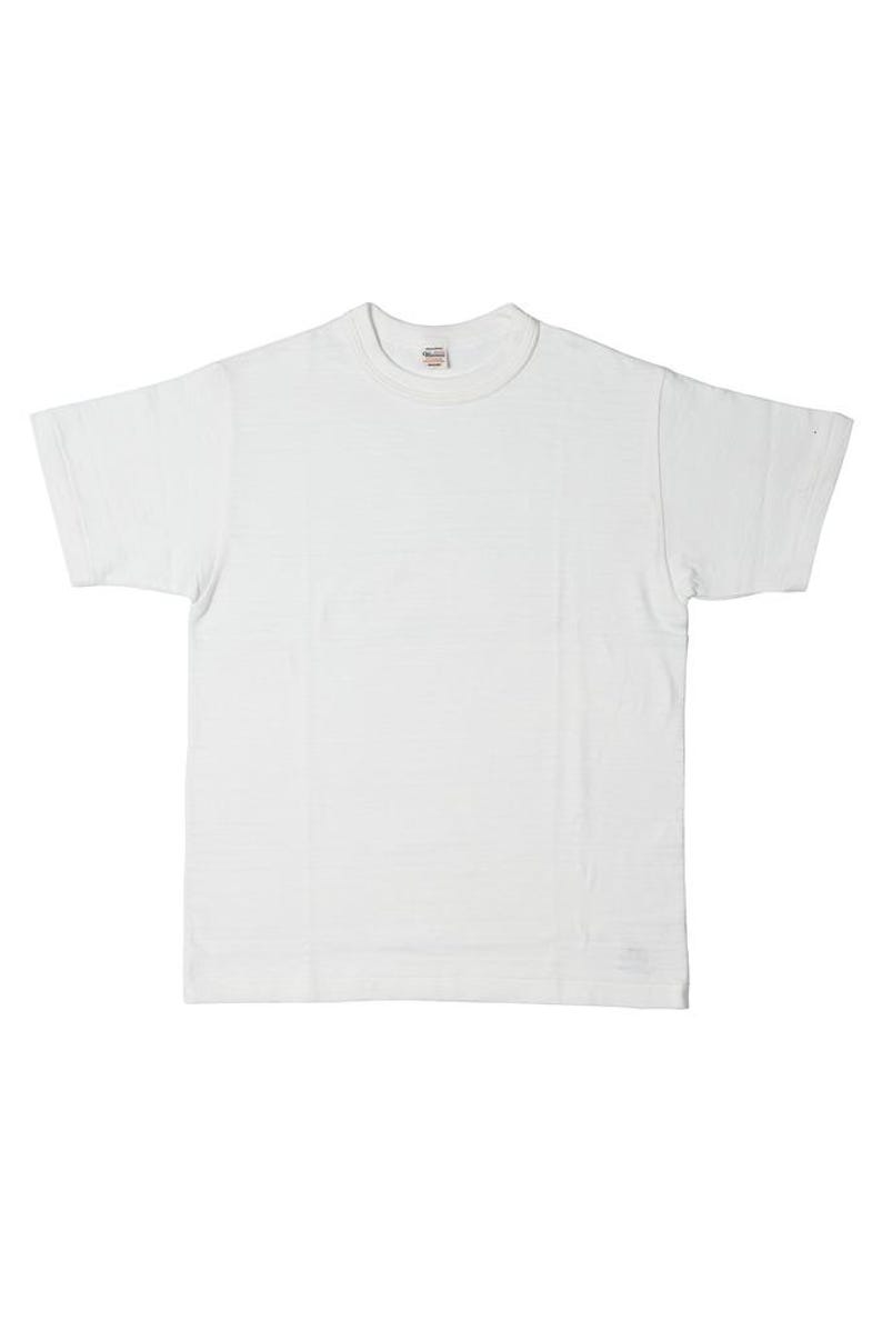 May include: A plain white t-shirt with short sleeves and a crew neck.