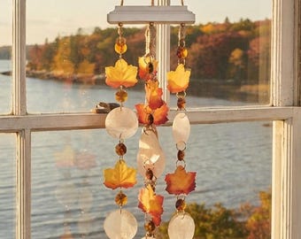 Handmade Autumn Leaf and Capiz Shell Suncatcher/Windchime