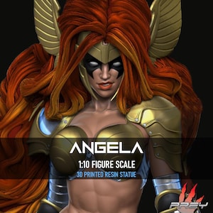May include: A 3D printed resin statue of Angela, a female superhero with red hair and golden armour. The statue is 1:10 figure scale and features the text "ANGELA 1:10 FIGURE SCALE 3D PRINTED RESIN STATUE".