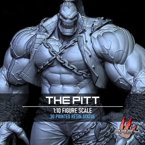 May include: A gray 1:10 scale resin statue of "The Pitt" figure. The muscular character wears a jacket and is adorned with chains. The figure has an angry expression and is 3D printed.