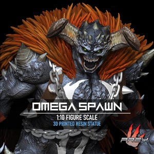 Peut inclure: Statue en résine imprimée en 3D d'Omega Spawn, une figurine menaçante avec une tête à pointes, des cornes et une crinière orange flamboyante. La figurine est à l'échelle 1:10. Chaîne autour de la poitrine et texte "Omega Spawn".