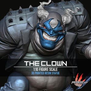 May include: A 3D printed resin statue of "The Clown" character. The figure has a blue face with a wide, menacing grin and red eyes. The statue is wearing a gray jacket with silver spikes on the shoulders.