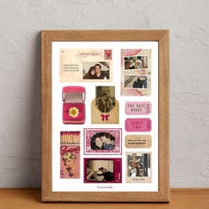May include: A framed collage of vintage photos and ephemera, including a postcard, a ring box with a flower, matchbooks, tickets, and photos of a couple. The collage is in a wooden frame and has a pink and white colour scheme. The text on the tickets reads "One Date Night" and "Admit Two".