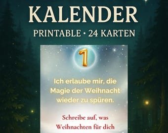 Peut inclure: Calendrier de l'Avent Elfen-Advents-Kalender imprimable avec 24 cartes. L'image présente une carte avec le numéro 1 en or, avec du texte en allemand. Fond de forêt sombre et ciel étoilé.