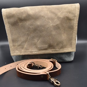 Handmade Waxed Canvas Crossbody Bag | Gray on Brown | Flowers 052