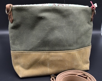 Handmade Waxed Canvas Crossbody Bag | Sage on Military Olive Drab | Leaves 060