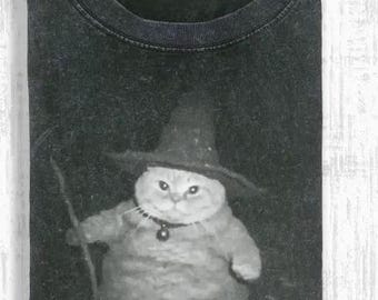 Vintage Wash Wizard Cat Meme Shirt, Spooky Halloween, Cat Lover Gift, Cool Brainrot Cat Top, Magical Cat Graphic T-Shirt