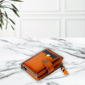 RFID Pop Up Leather Card Holder – Slim Genuine Leather Wallet with Coin Pocket – Handmade Minimalist Unisex Wallet Gift