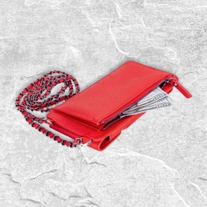 Handmade Leather Phone Wallet Purse: Zippered Card Holder with Chain