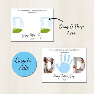 May include: A white Father's Day photo frame with the word "DAD" in a unique design. The frame includes the text "Your presence is the greatest gift I've ever known" and "Happy Father's Day 2025". A blue circle with the text "Easy to Edit" is also present.