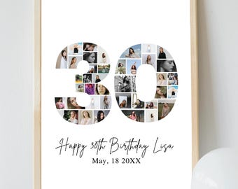 30th Birthday Photo Collage | 30th Birthday Gift | Birthday Number 30 Printable | 30th Photo Collage Template| Editable 30th Birthday| Canva
