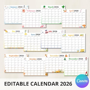 Calendario mensual 2026 / Planificador imprimible para niños / Organizador para el hogar, la escuela, el trabajo y la oficina / PDF imprimible / Descarga instantánea