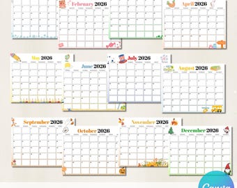 2026 Monthly Calendar Bundle | Cute Printable 2026 Planner for Kids | Home School Work Office Organizer | Printable PDF | Instant Download