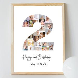 Bearbeitbare Geburtstagszahl 2 Canva Fotocollagenvorlage | Foto Meilenstein Zeichen | Personalisiertes Geburtstagsgeschenk Fotoposter zum 2.Geburtstag