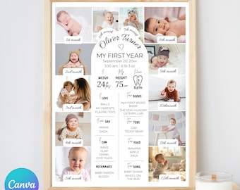 Minimalist 1st Birthday Milestone Sign | Printable Baby's First Year Poster | Editable 1st Birthday Milestone Board | Photo Collage Template