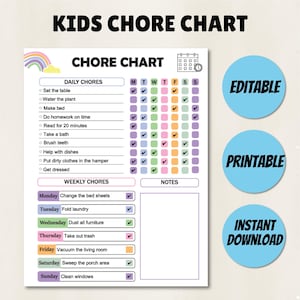 Editable Weekly Chore Chart for Kids|Kids Weekly Responsibility Chart|Kids Chore List|Kids Daily Routine Checklist|Daily Chores|US Letter,A4