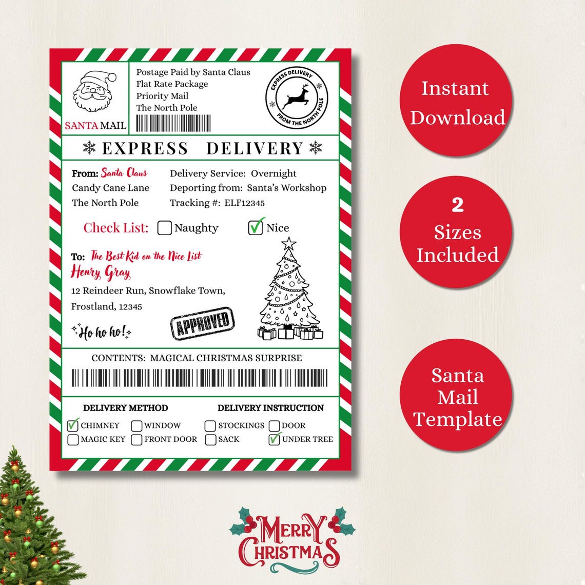 Editable Santa Shipping Label Template North Pole Express (canva